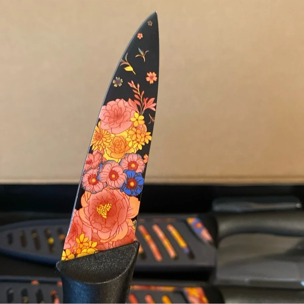 Marco Almond Knife Set Black Floral Designer Knives 6 Piece Stainless Steel NEW
